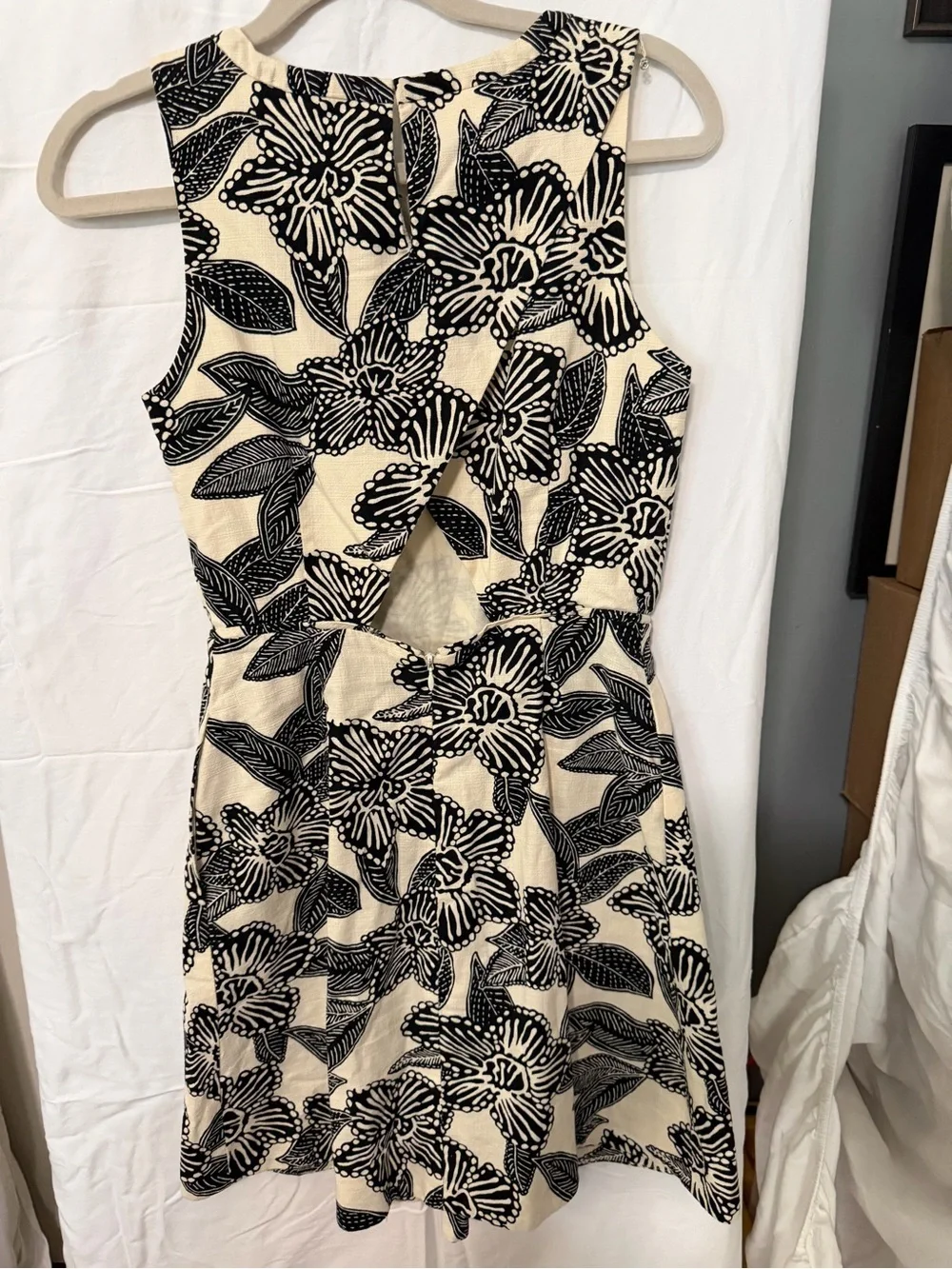 J. Crew Black Floral Print Cream Sleeveless Fit-and-Flare Dress